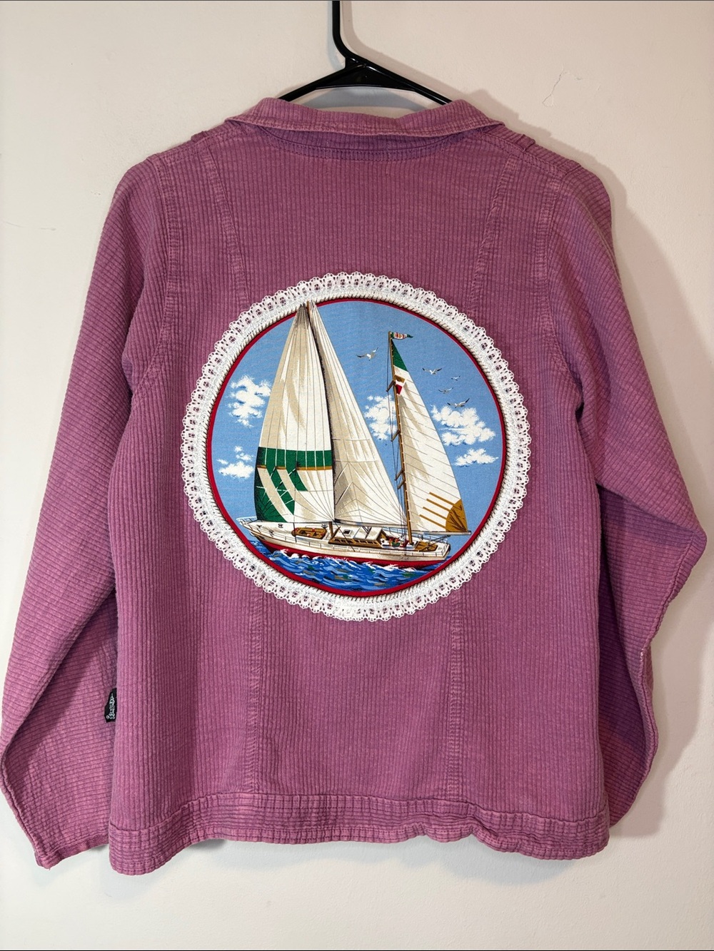 Handmade Upcycled Doily Sailboat Appliqué Patch Custom Corduroy Snap Long Sleeve